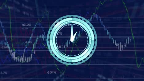 Animation-of-neon-ticking-clock-over-financial-and-stock-market-data-processing-on-blue-background