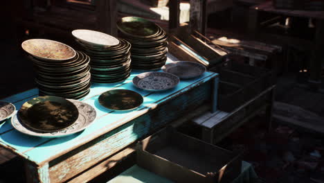 abundant plates and bowls on table