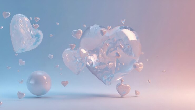 Floating glass heart rotating on floor at start, with pastel hearts orbiting matte sphere, calming