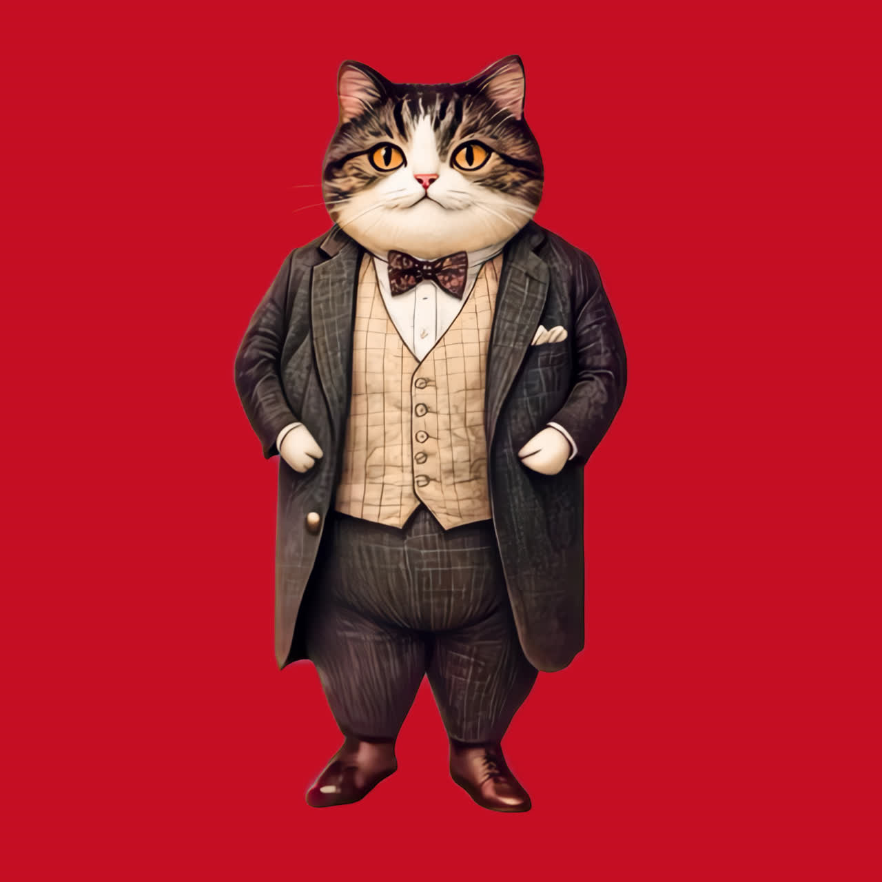 Cat dressed in vintage suit animation isolated asset, transparent 4K video, alpha channel, ProRes