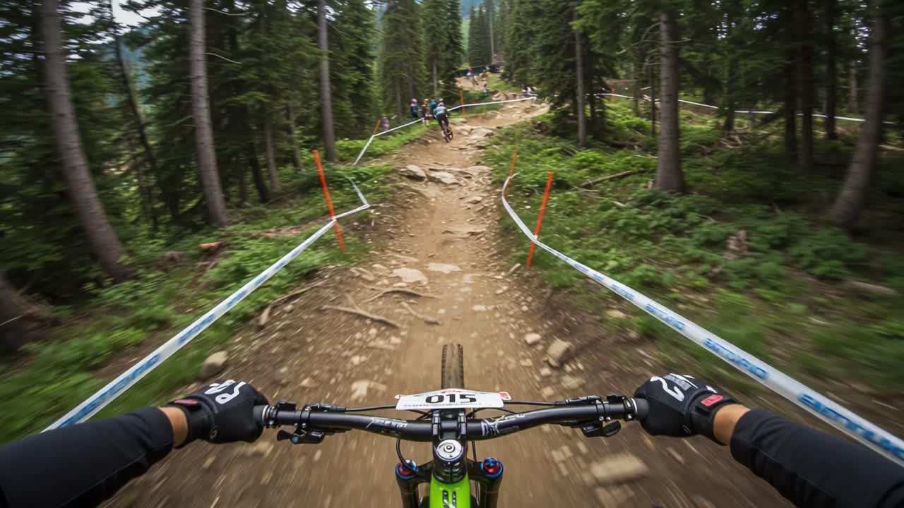 An exhilarating downhill journey through rugged terrain, captured from a cyclist's perspective as they navigate the challenging twists and turns of a mountain biking trail
