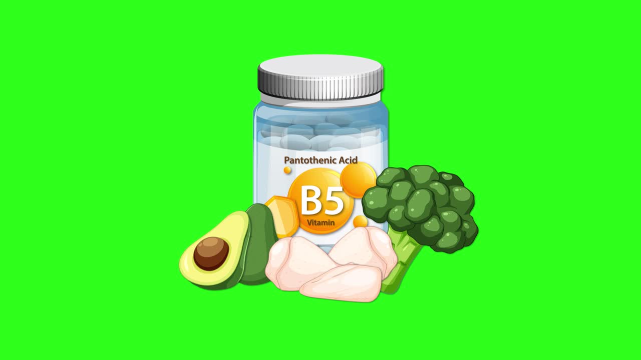 Vitamin B5 bottle and nutritious foods animate together on vibrant green background, centered composition