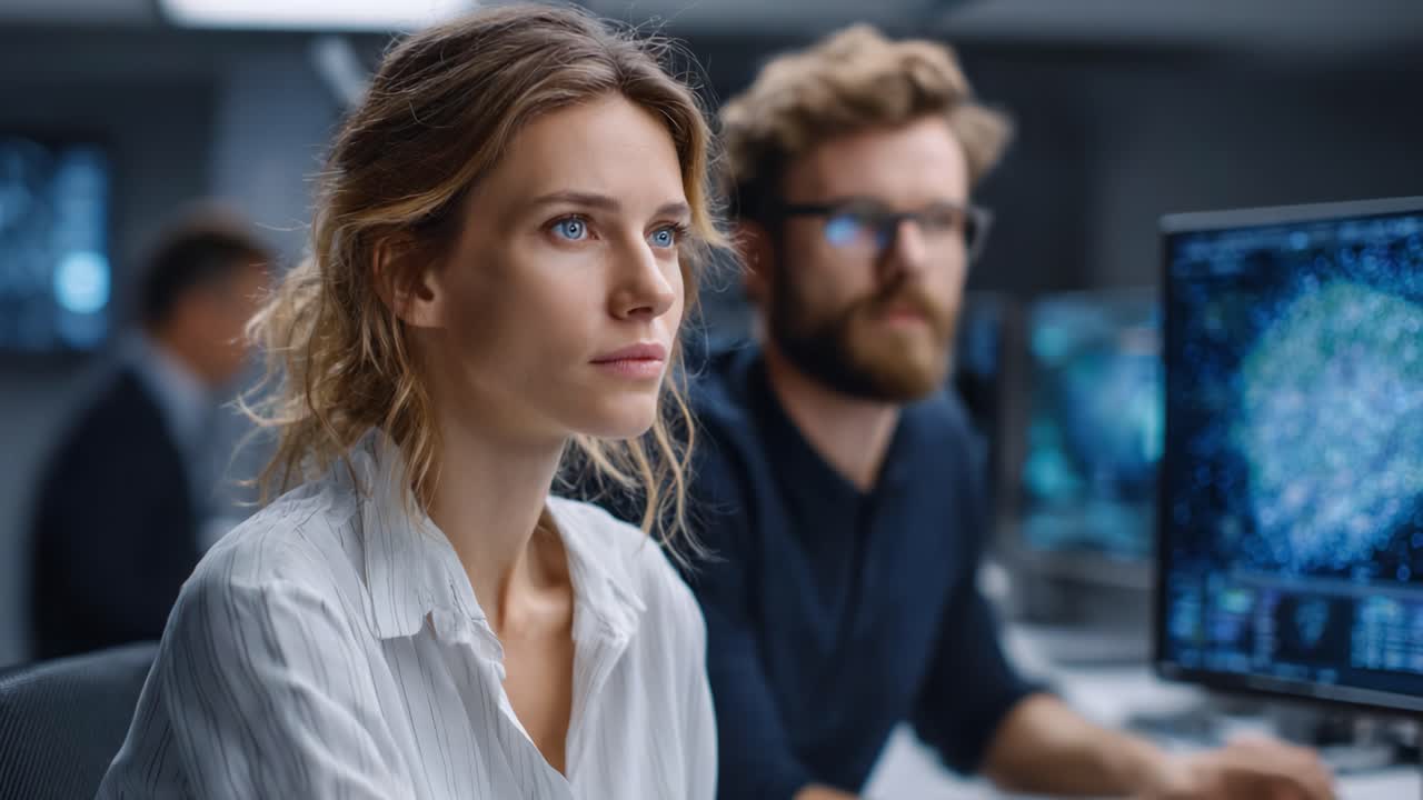 Focused Researchers in a High-Tech Environment Analyzing Data: The Unwavering Determination and Collaboration of Experts in Front of Evolving Digital Displays