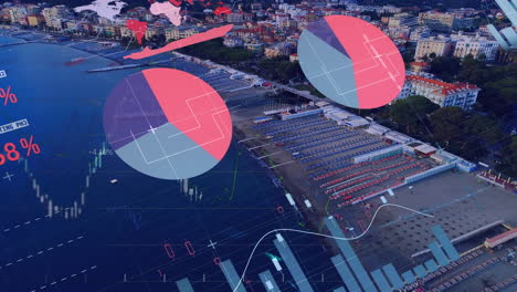 animación de estadísticas y procesamiento de datos financieros sobre el paisaje urbano