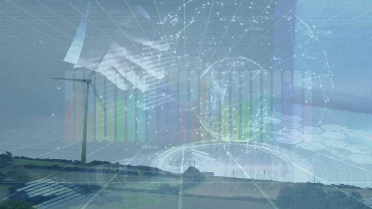 금융 데이터의 애니메이션과 풍력 터빈 위에 터치 스크린을 사용하는 사업가