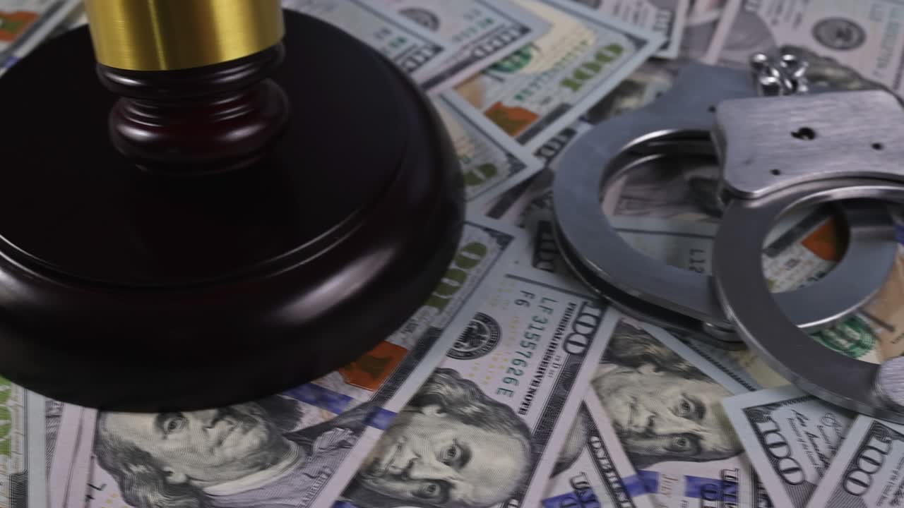 미국 발, 법, 법, 판사, 경찰의 수갑을 가진 판사의 망치