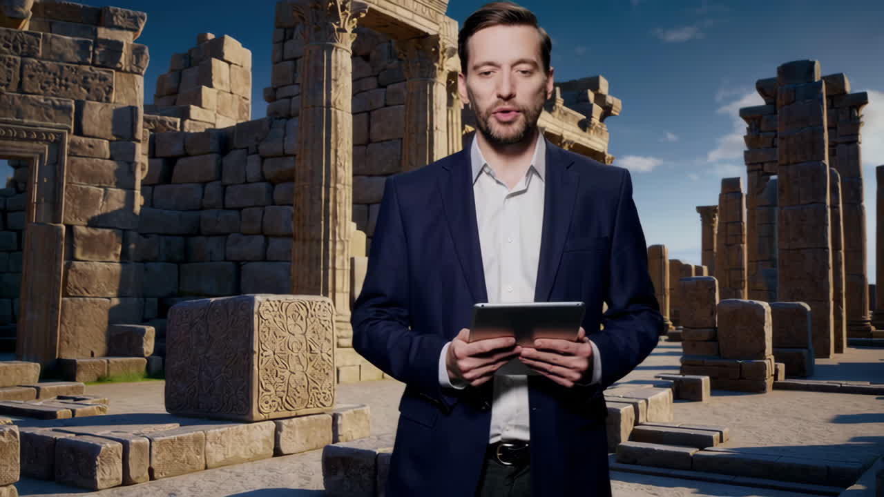 Businessman presenting at ancient ruins