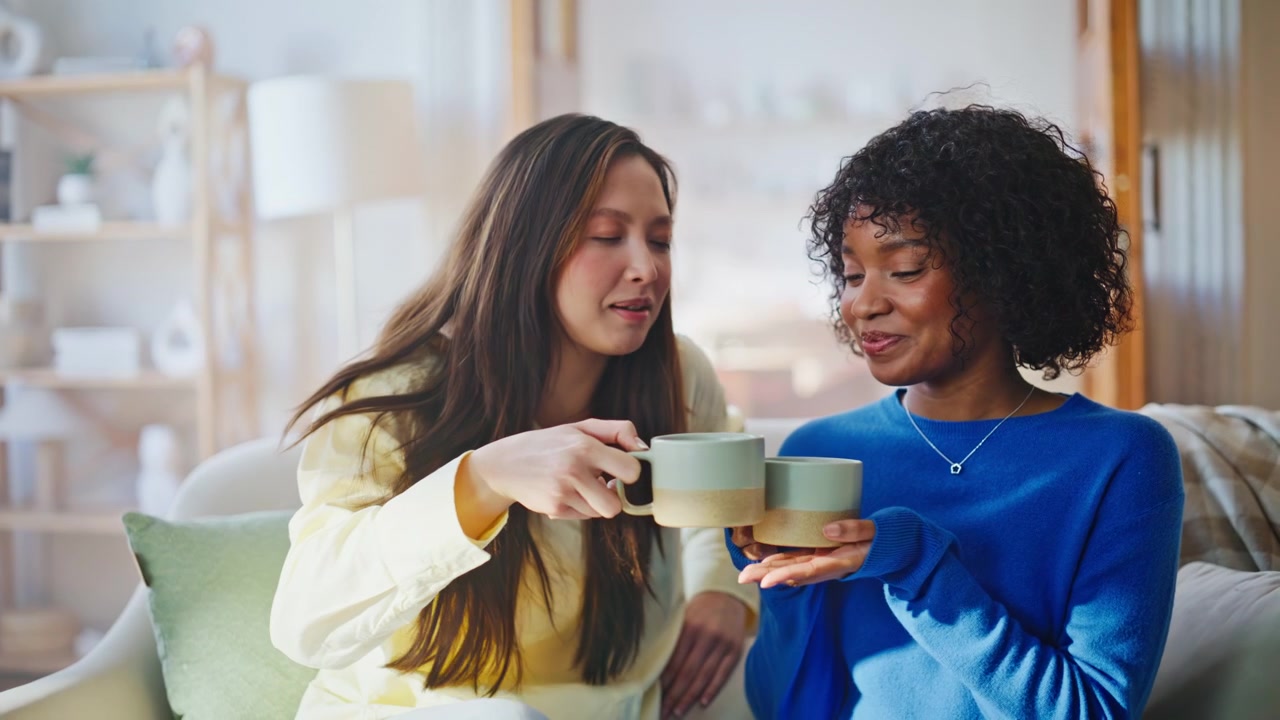 Friends chatting over coffee home. Woman brings tea cup smiling friend on sofa.