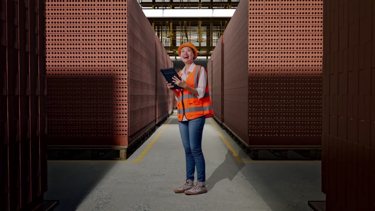 Full Body Side View Of Asian Female Engineer With Safety Helmet Looking At The Tablet In Her Hand And Looking Around While Standing With Red Brick Packed in Stacks Are Stored