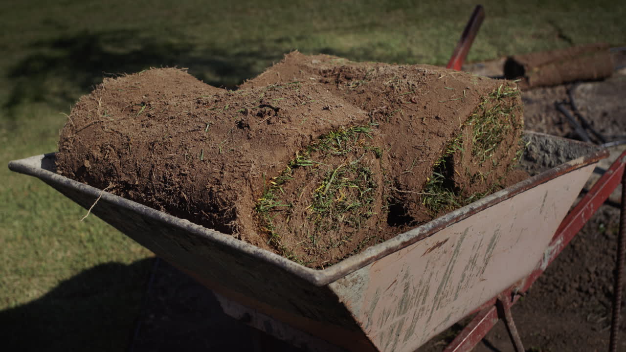 Gardener's inventory: Wheelbarrow with lawn rolls. Landscaping works on the territory of the house