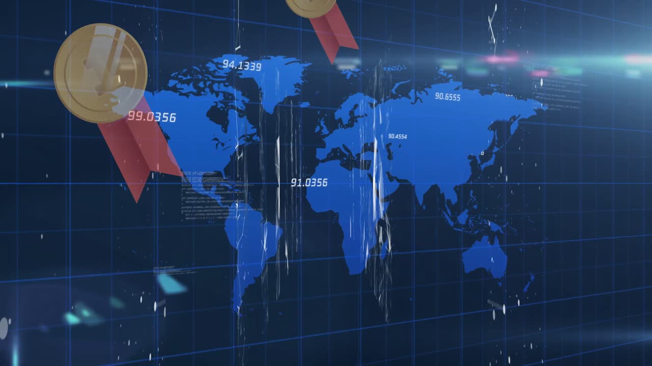 메달, 조명, 세계 지도 및 해군 배경의 애니메이션