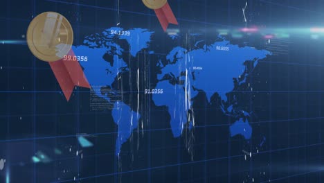 animation of medals, lights, world map and navy background