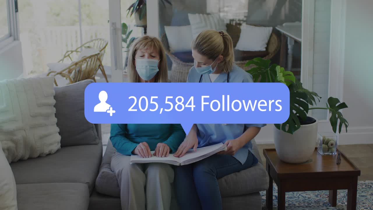 Health worker opening album initiating animated follower count tracking senior patient observing