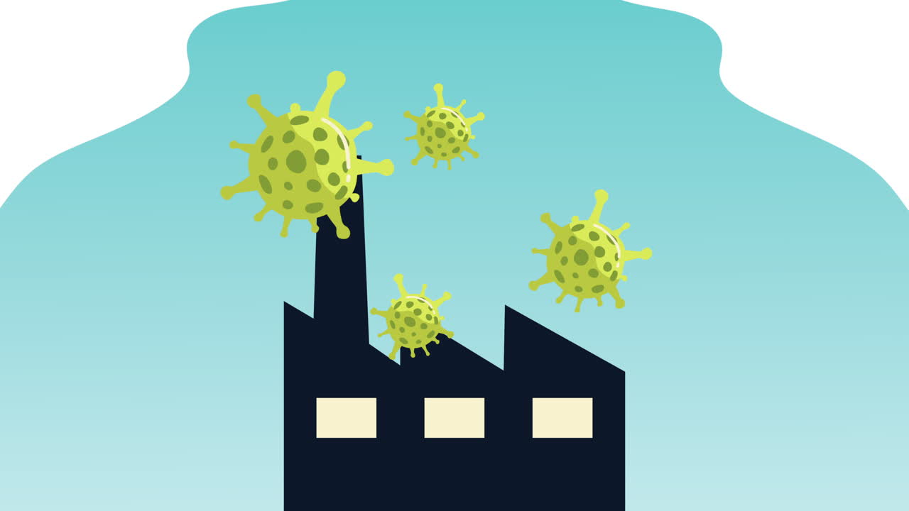 공장 건물 애니메이션과 함께 코로나19 입자