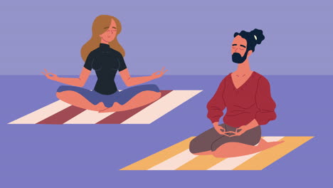 young couple practicing yoga in carpets