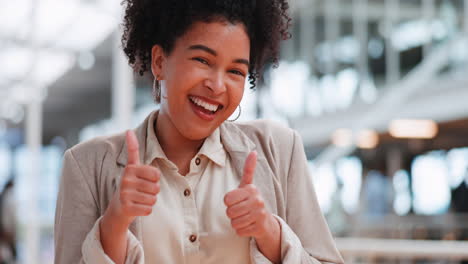 Thumbs-up,-business-and-face-of-black-woman