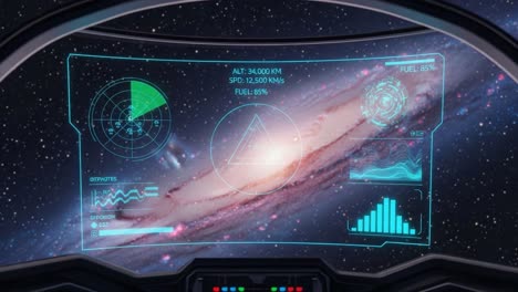 exploring the cosmos: high-tech dashboard monitoring navigation and fuel levels amidst a vast galactic view in an interstellar journey