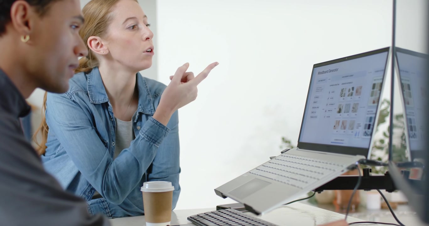 Diverse coworkers reviewing slides at desk, woman leaning pointing at laptop on stand, man typing