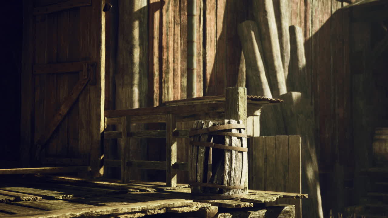 Wooden barrel and rustic furniture in dimly lit storage area