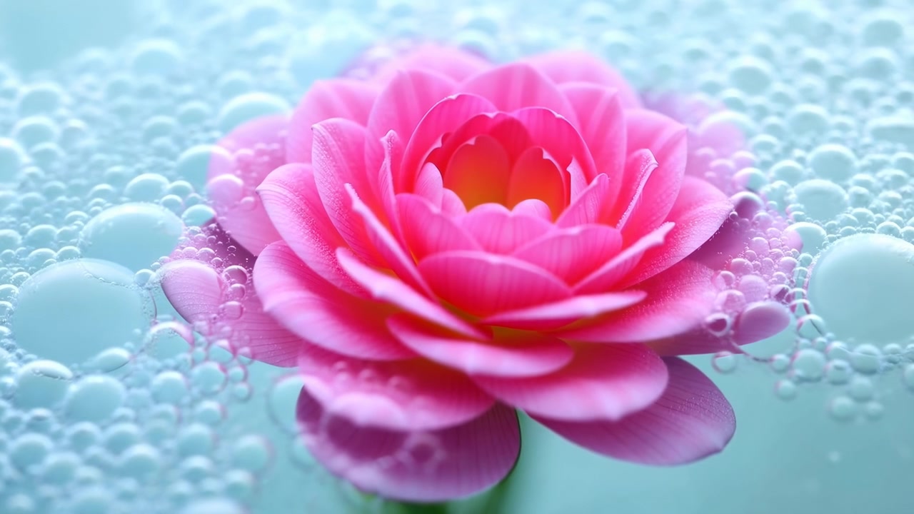 Una vista cercana muestra una flor rosa en capas flotando sobre el agua con detalles de burbujas alrededor de los pétalos, reflejos suaves en la superficie, iluminación tenue y una composición centrada que resalta las delicadas formas orgánicas.