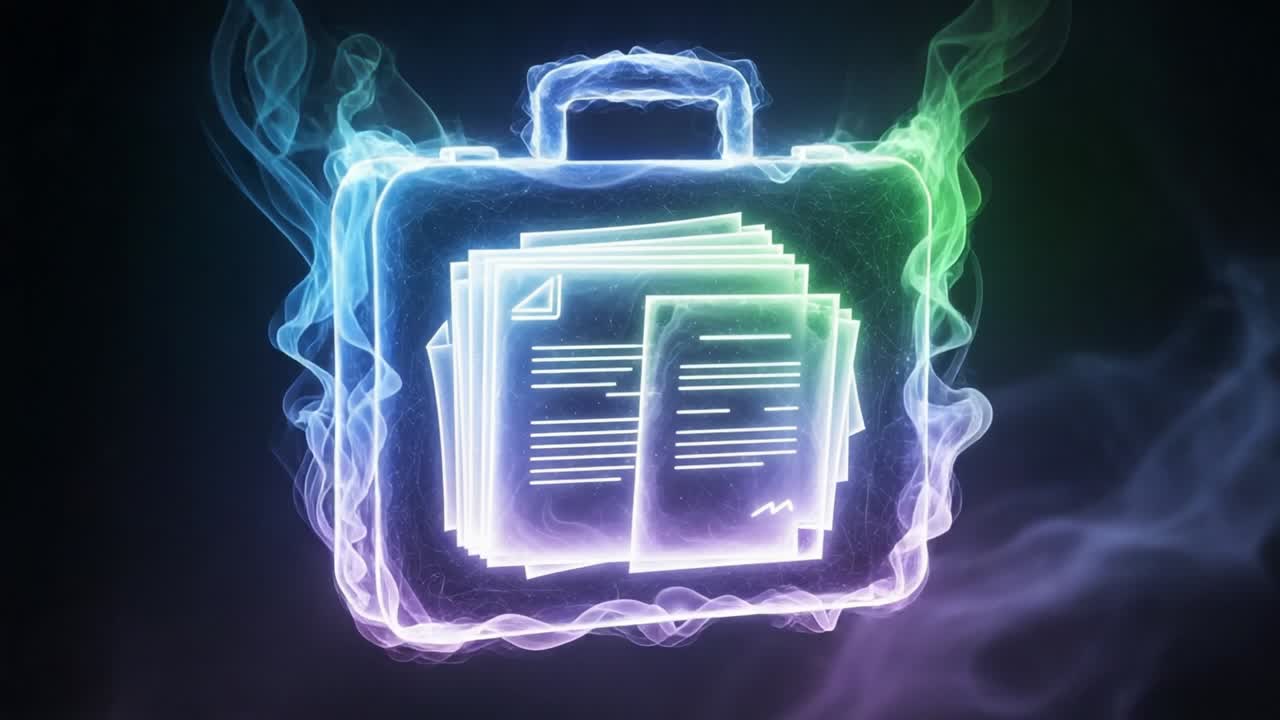 A Vibrant Suitcase Full of Illuminated Papers Surrounded by Colorful Swirls of Energy Representing Creativity and Ideas