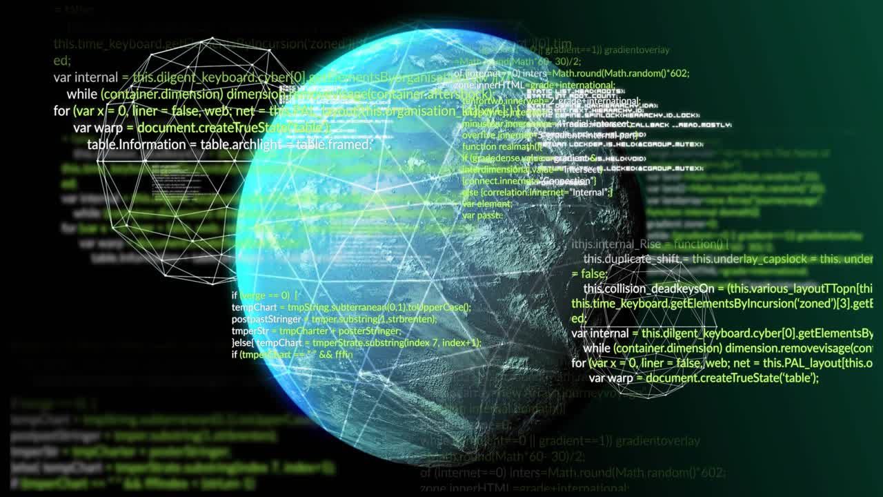Globe appearing at center triggers code scrolling and polyhedron shifting showing global data flow