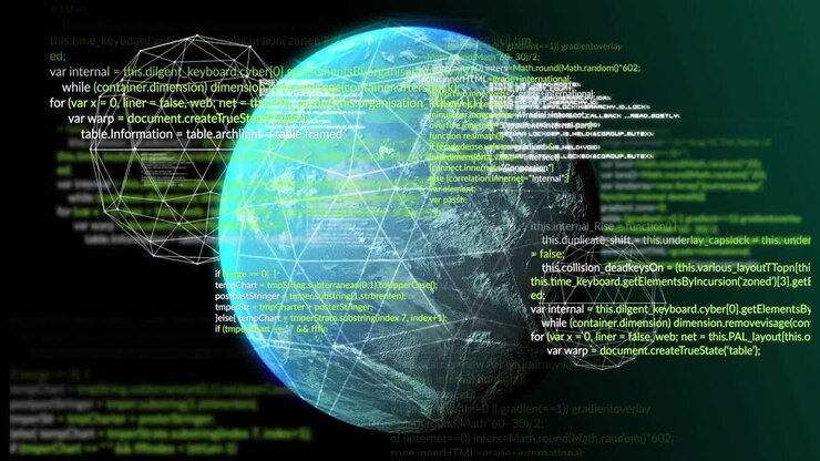Globe appearing at center triggers code scrolling and polyhedron shifting showing global data flow