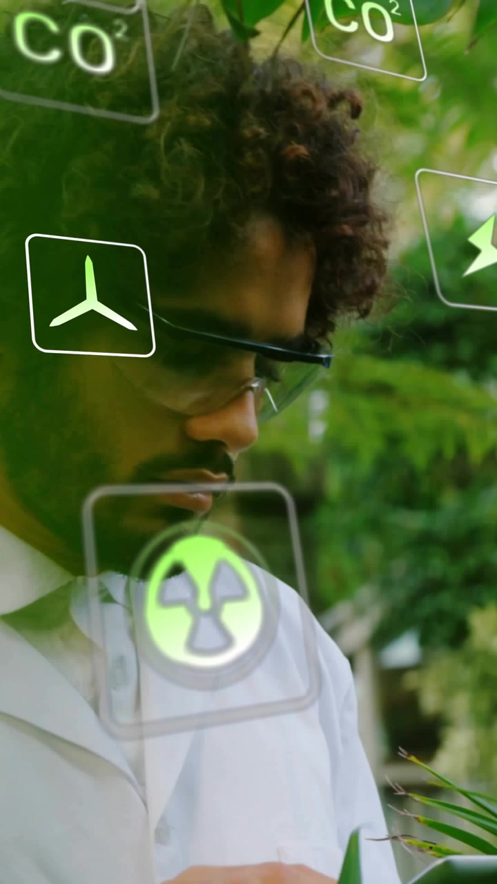 Video verticale: icone AR che appaiono, uomo in camice da laboratorio che controlla piante e CO2 tramite dispositivo portatile.