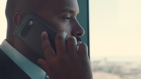 businessman, face and phone call at window