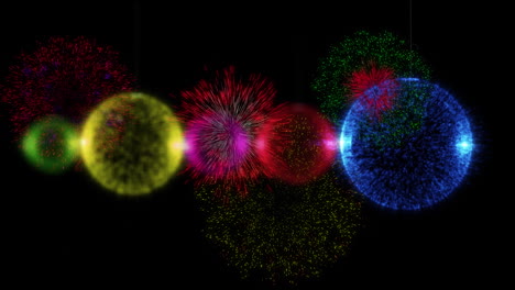 animation of colourful, glittering baubles with christmas and new year fireworks exploding, on black