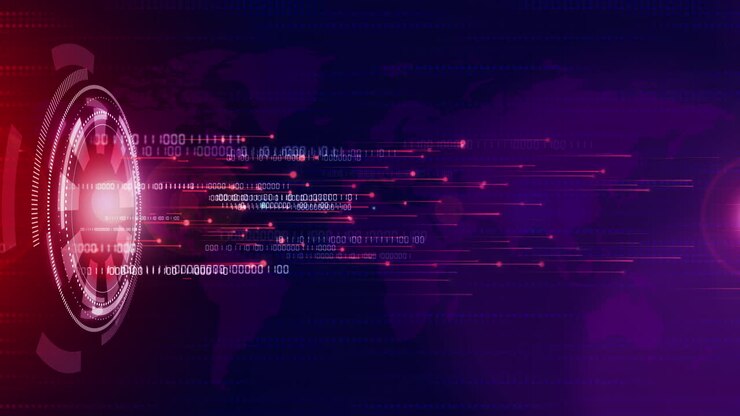 Violet glowing background with round HUD element. Moving bright rays of light with digital binary code. Technological hi-tech looped animation with world map.