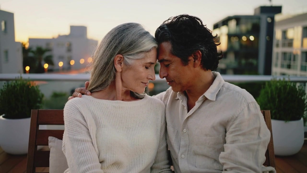 Responding to sunset, mature couple touching foreheads and holding shoulders on rooftop bench