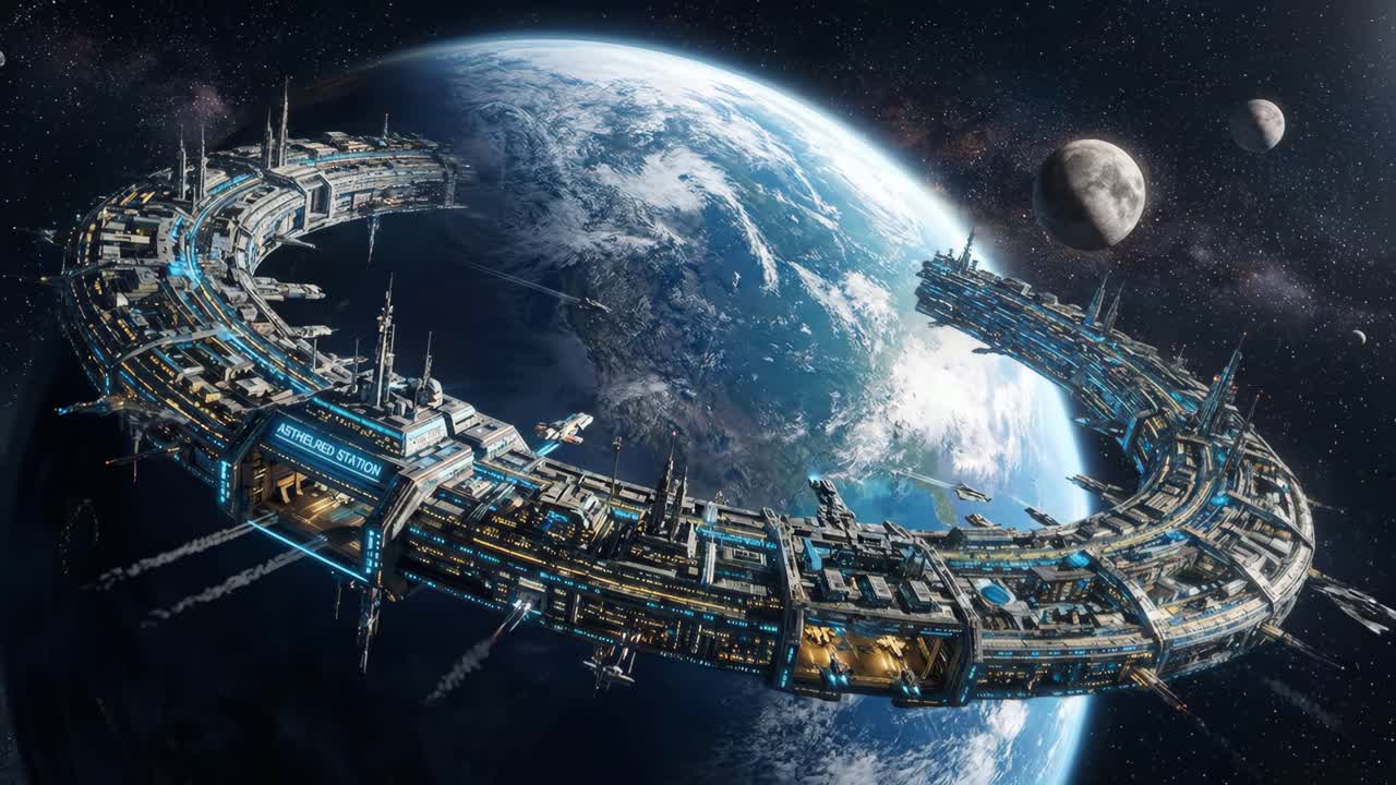 Futuristic Space Station Orbiting Earth with Moons and Spaceships