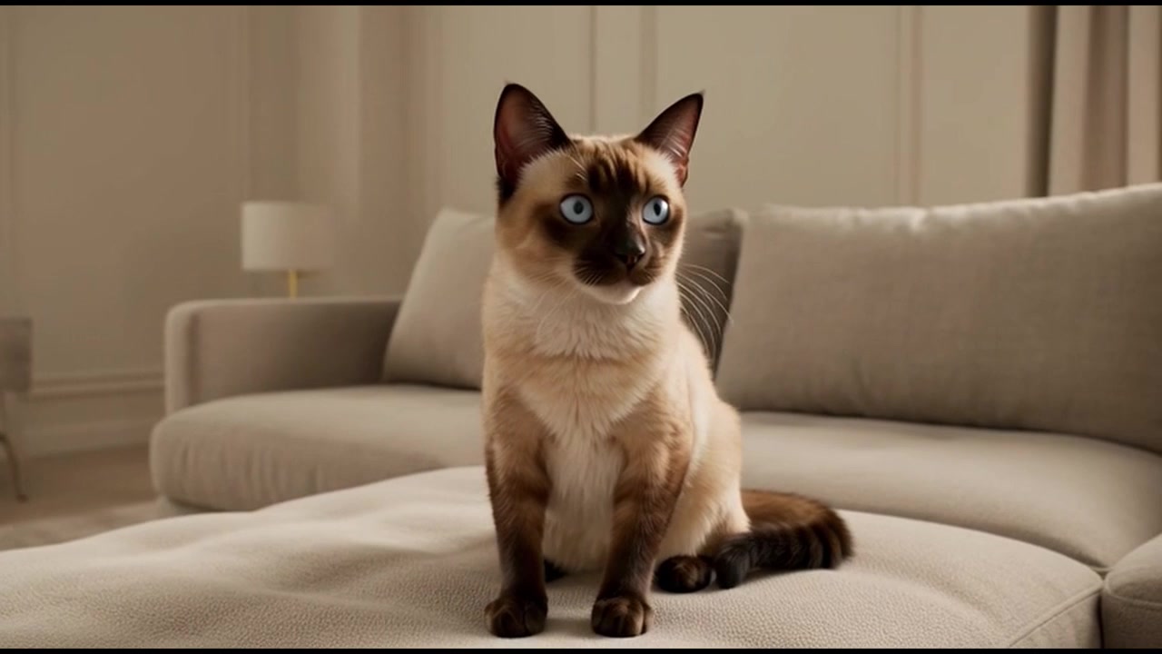 Gatto siamese seduto su un divano in un soggiorno