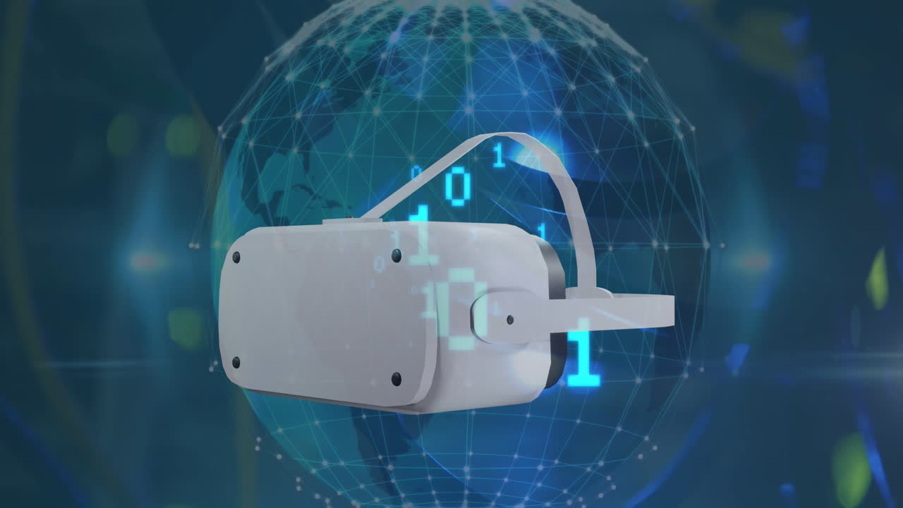 Animation of vr headset over globe and binary coding data processing