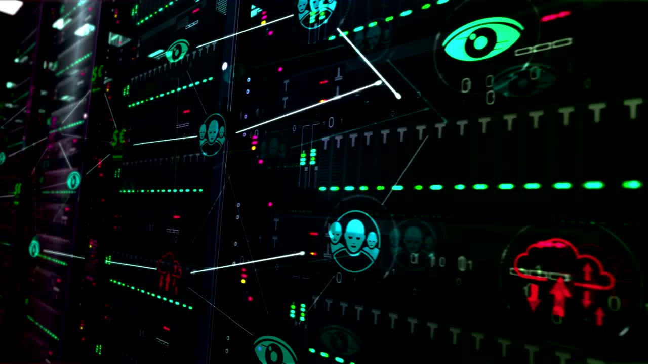 Servers room with social scoring symbols loop animation