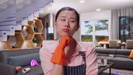 Close Up Of Asian Female Housekeeper With An Apron Thinking About Something And Looking Around Then Raising Her Index Finger In House