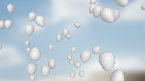 white balloons floating in animation over blue sky with clouds