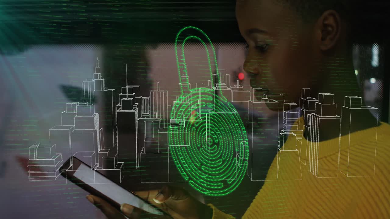 Animation of tech icons and metaverse city over african american woman using smartphone