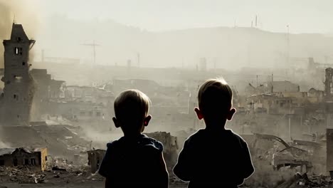 two children stand silhouetted against a backdrop of destroyed buildings and rising smoke, embodying the aftermath of war