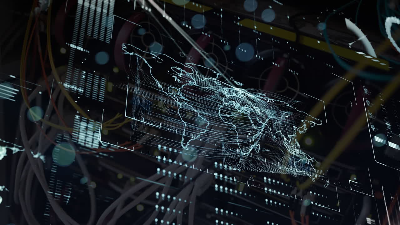 Animation of data processing and scanning man wearing vr headset and data processing