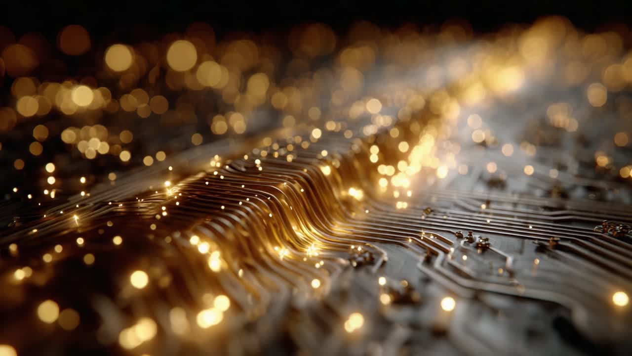 Abstract Visualization of Digital Circuitry with Glowing Highlights Representing Data Flow and Connectivity in an Impressive Technological Landscape