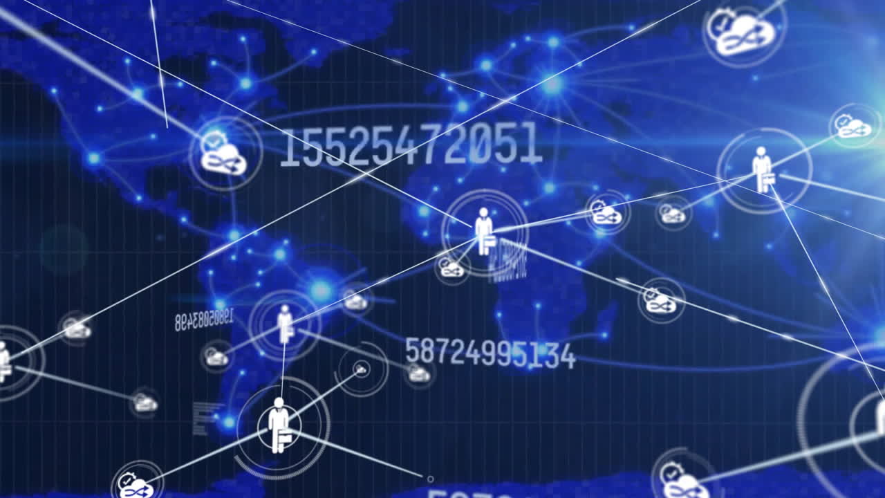 세계 지도를 통해 아이콘과 데이터 처리를 가진 연결 네트워크의 애니메이션