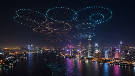 a stunning display of light: a captivating drone light show illuminates the night sky over a vibrant city, creating mesmerizing patterns above the water