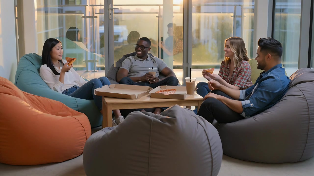 Holding pizza slice, woman on left speaking, causing colleagues laughing, grabbing pizza in lounge