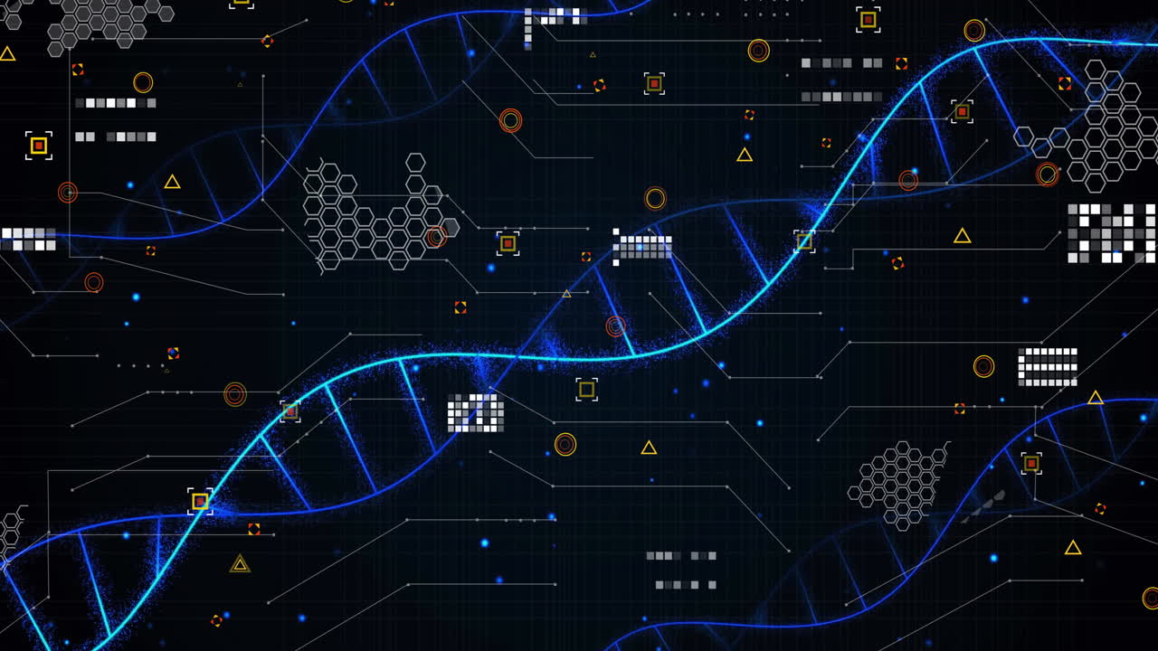 검은 바탕에 dna 연결 네트워크와 dna 줄무의 애니메이션