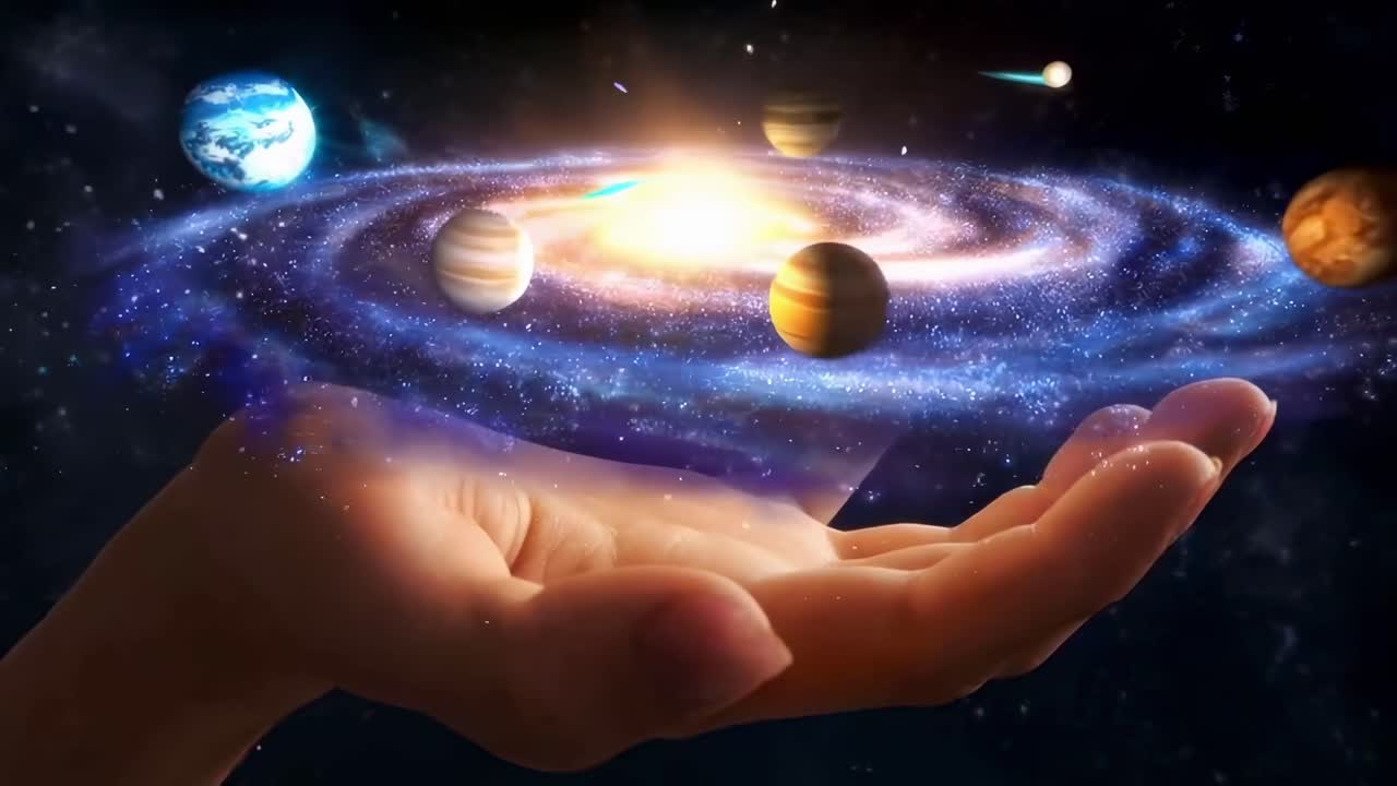 A cosmic video concept with planets orbiting above a hand, viewed from a side angle