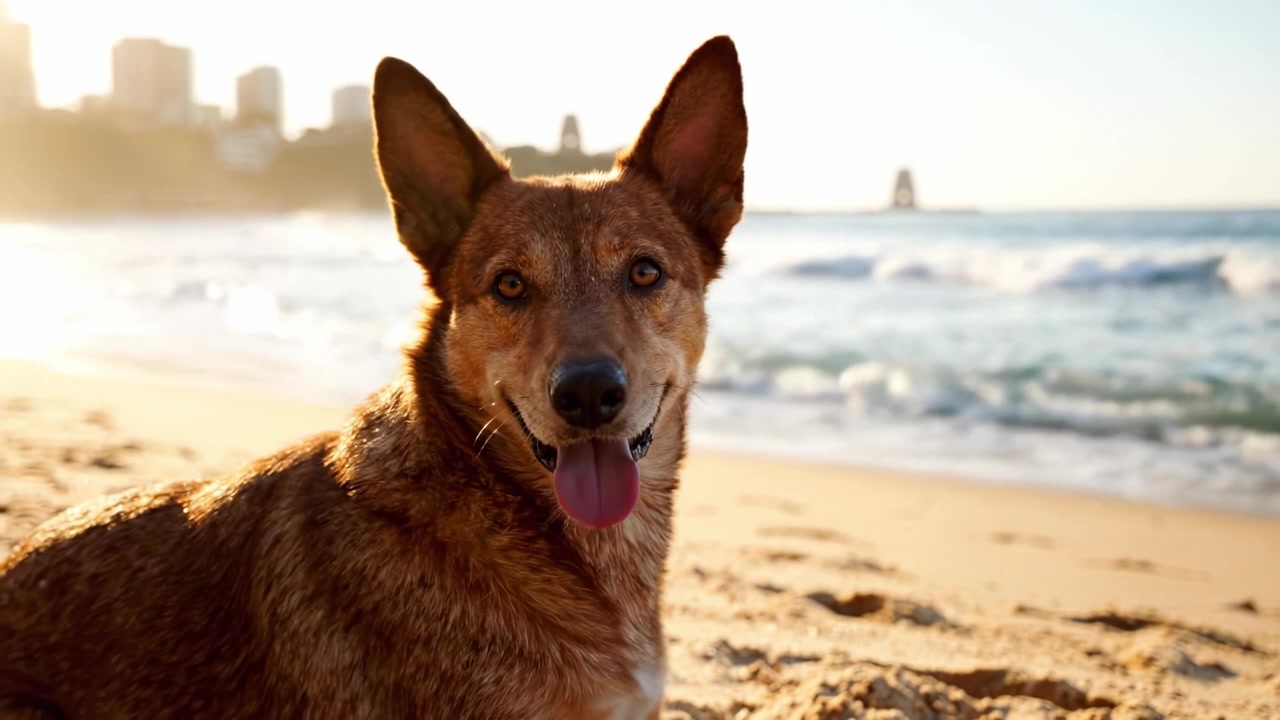 Un cane giocoso che si gode una giornata rilassante in spiaggia, catturando l'essenza della libertà e della gioia su uno splendido sfondo costiero