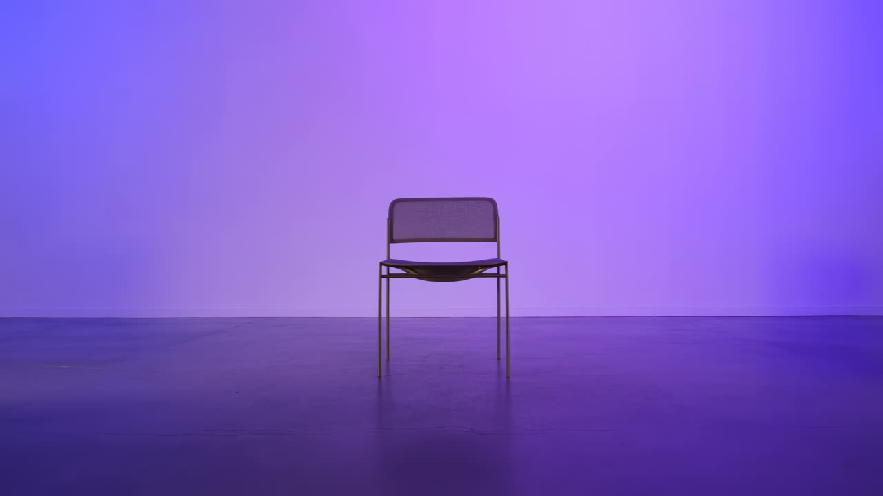 Empty Chair In Purple Studio Setting, Solitary Metal Chair Centered On Glossy Floor, Soft Violet Gradient