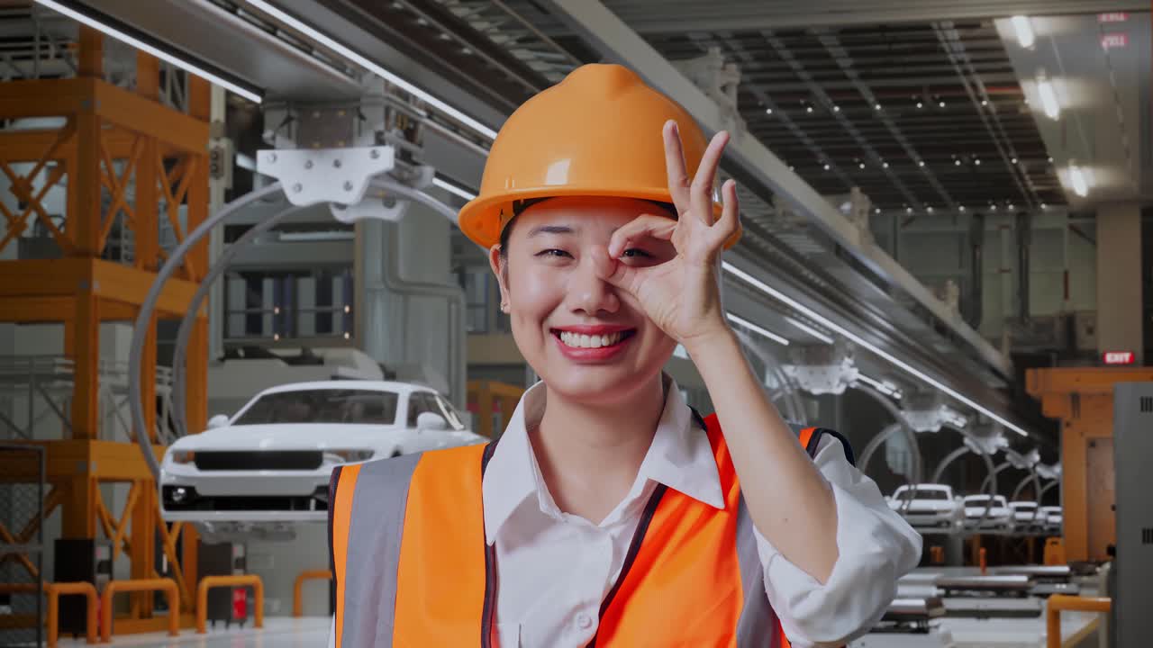 안전 헬을 착용한 아시아 여성 엔지니어의 클로즈업 사진, 눈 위에 ok 손 표시를 표시하고 ev 자동차 공장에서 서서 카메라에 미소 짓고 있습니다.